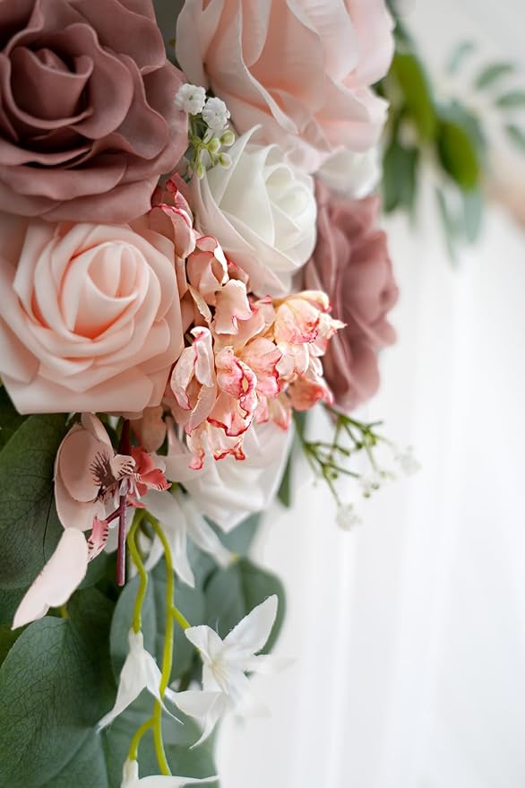 Olalaka Dusty Rose Artificial Wedding Arch Flowers Kit (Pack of 3) with 26Ft White Shiny Arch Draping Fabric for DIY Wedding Party Ceremony Reception Backdrop Floral Decoration - Image 8