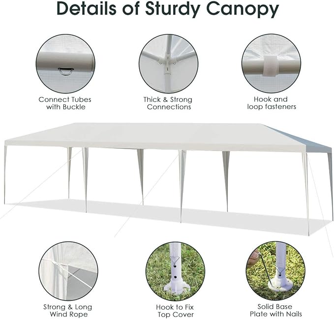 Moccha 10’ x 30’ Outdoor Gazebo Canopy, Wedding Gazebo Tent Shelter w/Heavy-Duty Stakes & Wind Ropes, Waterproof Sunshade Shelter for Wedding, Party, Camping (White)