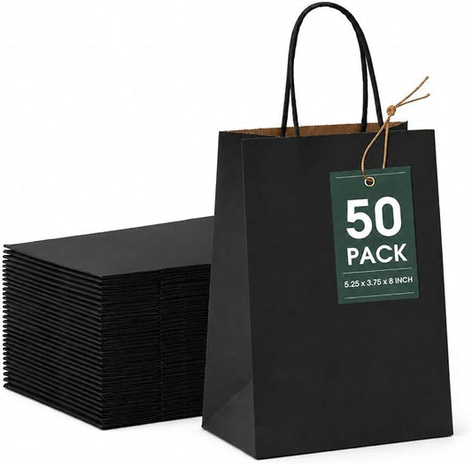 GSSUSA Small Black Kraft Paper Gift Bags with Handles, 5.25x3.75x8, 50 Pack | Sturdy Kraft Goodie Bags for Gifts, Party Favors, Retail Shopping, Boutiques, Merchandise, Crafts, and Small Business. by GSSUSA