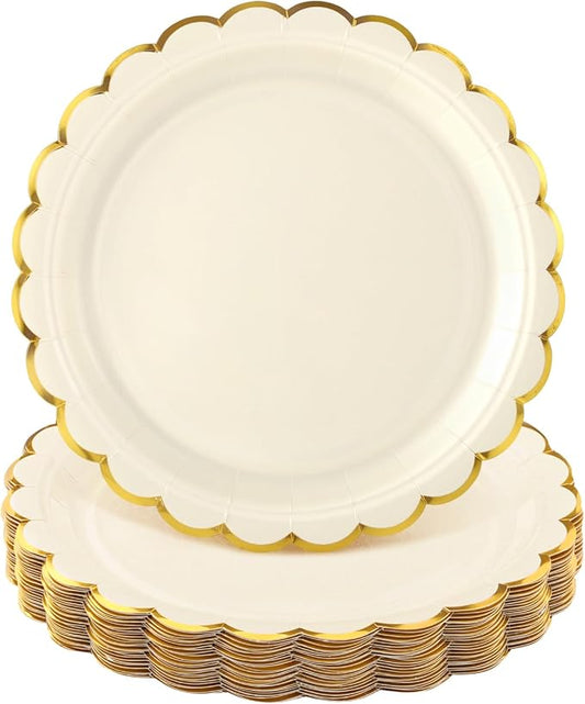 NatNarr 30 Pk Ivory Paper Plates 9" Scalloped Cream Plates with Gold Rim | Fancy Disposable Plate Beige Dessert Cake Plates for Wedding, Engagement, Baby Bridal Shower, Fall Thanksgiving by NatNarr