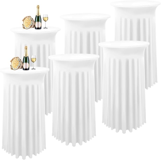 6 Packs Cocktail Table Covers White Cocktail Table Cloth 32"x 43" Spandex Stretch Small Round Tablecloth for 32in Table with Wavy Drapes Fitted High Top Table Cloth for Party Wedding Banquet Bar Table by Lykoow