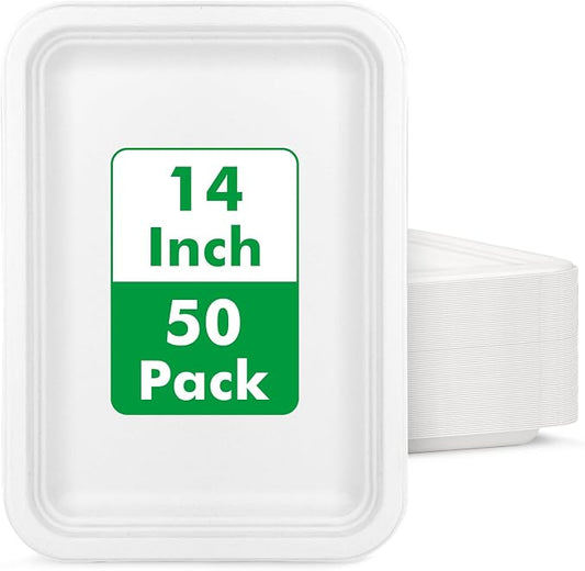 14 Inch Disposable Food Trays, 50 Pack White Compostable Platters | Heavy Duty Large Paper Plates for Serving Food, Sturdy Rectangle Plates for Crawfish Lobster Seafood Boil BBQ Party by Uniecocus