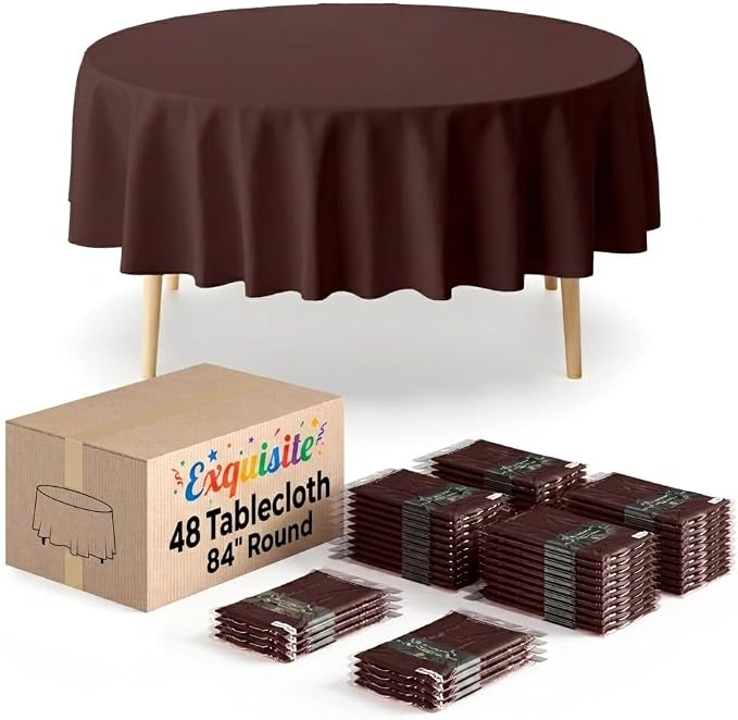 Exquisite Brown Round Tablecloths Plastic Table Cloth Disposable 48 Pack 84" Inch Round Table Cloth Disposable Brown Tablecloths Plastic Tablecloth Indoor/Outdoor Tablecloth Party Supplies by Exquisite
