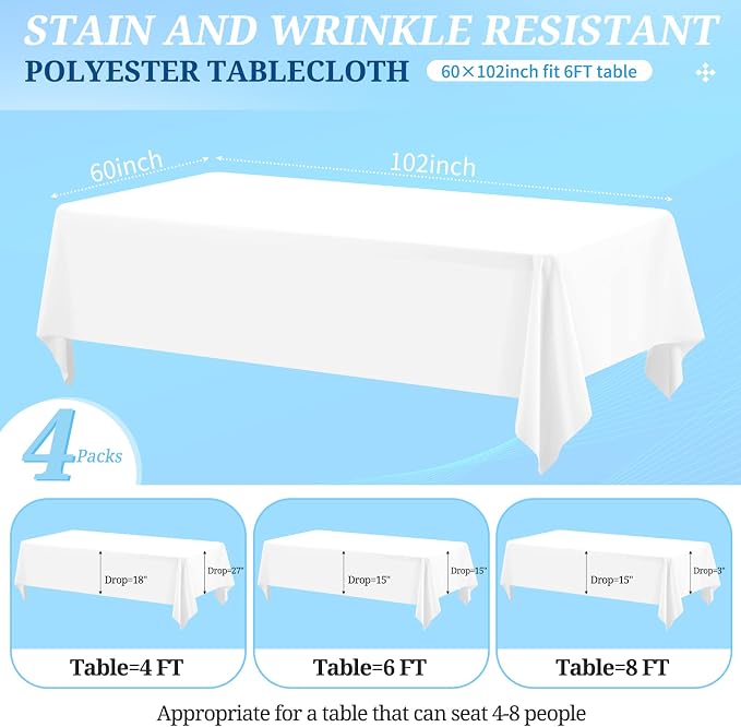 4 Pack White Tablecloths for 6ft Tables-60 x 102 Inch | Polyester Table Cover, Stain and Wrinkle Resistant Washable Fabric Table Cloth, Perfect for Wedding Banquet Parties - Image 2