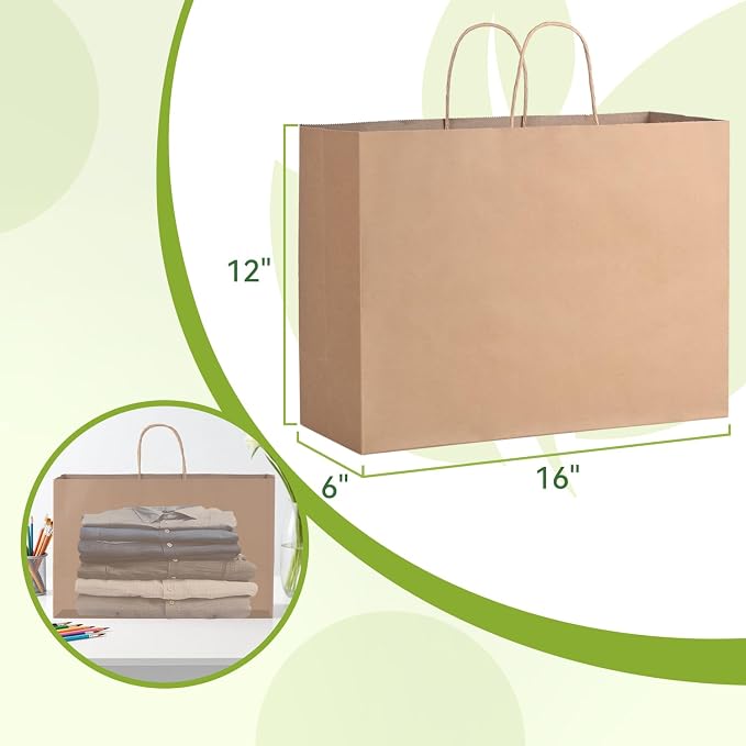 100 Pack Large Paper Gift Bags with Handles, 16 x 6 x 12 Inch, Brown | Kraft Material, Bulk Pack for Craft, Shopping, Business, Retail, Party Favor, Birthday and Grocery Use - Image 2