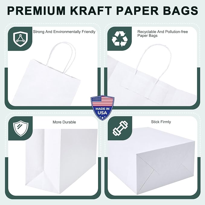 METRONIC Gift Bags 5.25x3.75x8 100Pcs, White Paper Bags with Handles Bulk | Recycled Kraft Paper Bag for Small Business, Heavy Duty Shopping Bag for Birthday Party Favors Retail - Image 4
