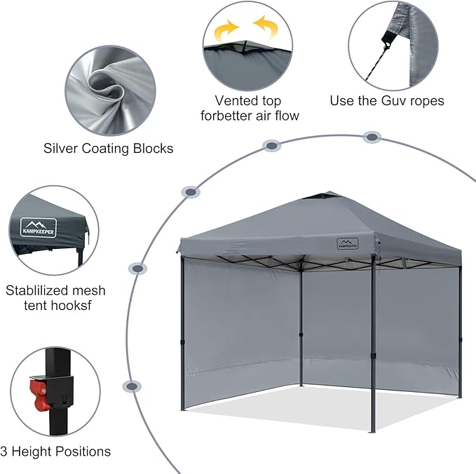 KAMPKEEPER 10x10 Pop-Up Canopy Tent, Waterproof, Portable Shade with Side Walls, Adjustable Instant Outdoor Shelter for Camping, Backyard, and Events, Grey