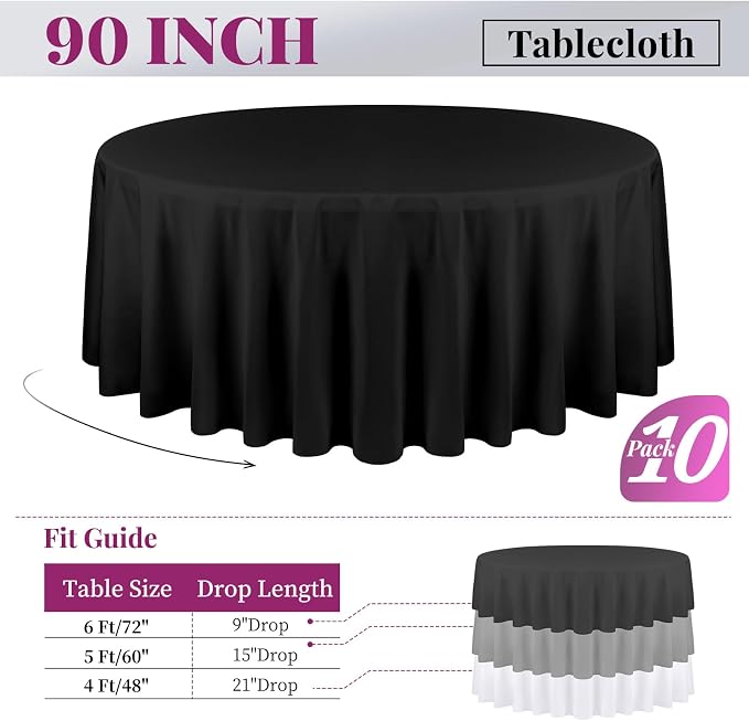 fani 10 Packs Black Round Tablecloth - 90 Inch, Polyester | Table Cloth for Round Tables, Washable Fabric, TableCovers for Wedding, Party, Banquet, Dining Tables, Camping - Image 2