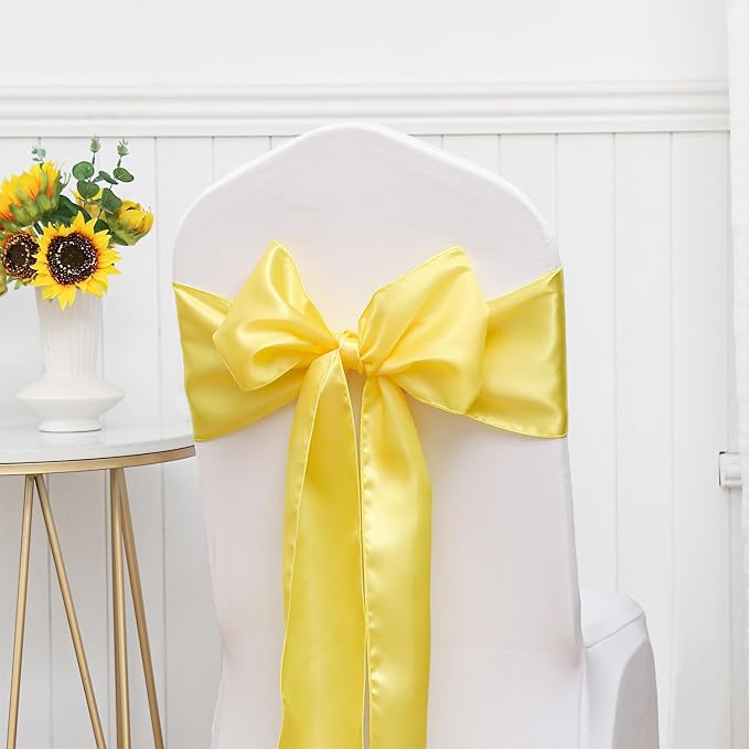 Pack of 50 Satin Yellow Chair Sashes Bows 7 X 108 Inch Universal Chairs Ribbons for Wedding Ceremony Party Banquet Restaurant Event Decorations - Yellow Chair Sashes 50 Pack - Image 4