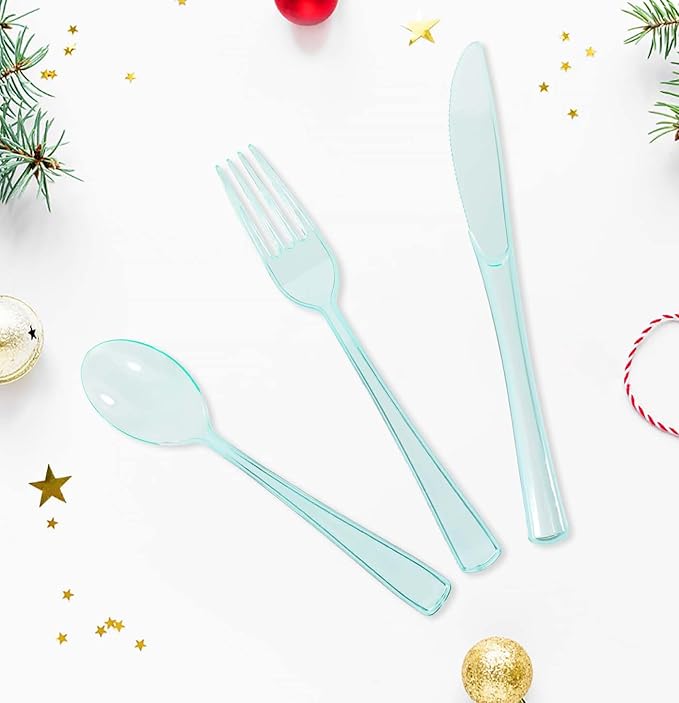 HEIPINIUYE 75 Pack Light Green Clear Plastic Cutlery Heavy Duty Clear Green Plastic Knives Forks and Spoons Disposable Silverware Set for 25 Guest Camping Birthday Baby Shower Party Utensil Set
