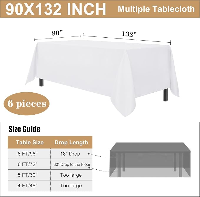 sancua 6 Pack White Table Cloth 90x132 Inch for 6 Feet Rectangle Tables | Stain and Wrinkle Resistant, Washable Polyester Large Tablecloth Cover for Dining Tables, Wedding Buffet Parties and Camping - Image 7