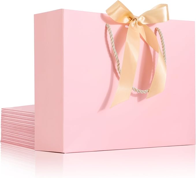 EUSOAR Pink Gift Bags, 12pcs 10.6"x3.1"x8.3" Thank You Gift Paper Bags with Bow Ribbon Handle, Small Shopping Party Favor Gift Treat Candy Bags Bulk for Wedding Baby Shower Guests Bridal by EUSOAR