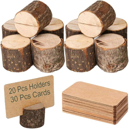 Wood Place Card Holders, 20Pcs Premium Rustic Table Number Holders and 30Pcs Kraft Table Place Cards, Wood Photo Holders, Ideal for Wedding Party Table Name and More