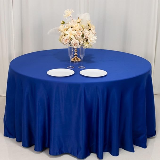Efavormart Royal Blue Seamless Lamour Satin Round Tablecloth - 120" for 5 Foot Table with Floor-Length Drop