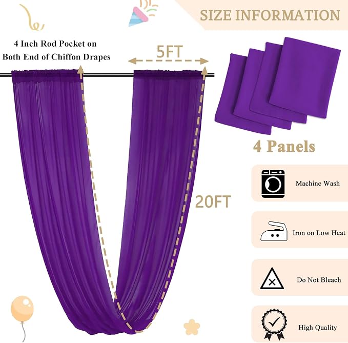 MODFUNS Ceiling Drapes for Weddings Purple Chiffon Sheer Ceiling Curtain 4 Panels 5FTx20FT Wedding Arch Draping Fabric Chiffon Backdrop Curtains Tulle Arbor Drapery Party Stage Ceremony Ceiling Sheer - Image 5