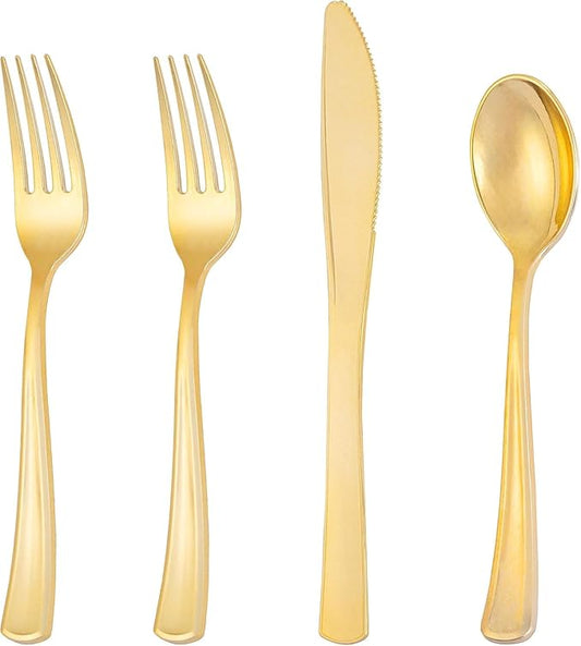 300 Pieces Gold Plastic Silverware - Heavy Duty Disposable Cutlery Set - Gold Disposable Utensils Include 150 Forks, 75 Spoons, 75 Knives for Dinner, Parties, Weddings
