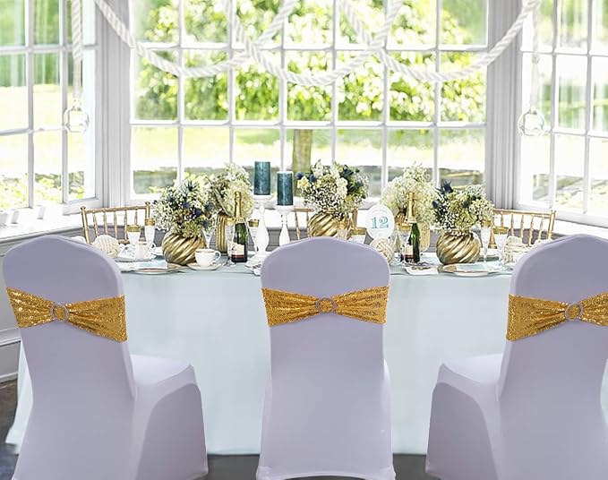 All Sequin Gold Chair Sashes 100 Pack, Gold Sequin Chair Sashes Bows for Wedding Party Folding Chair Decoration, Golden Chairs Band with Buckles for Fiesta Event Decorations - Image 4