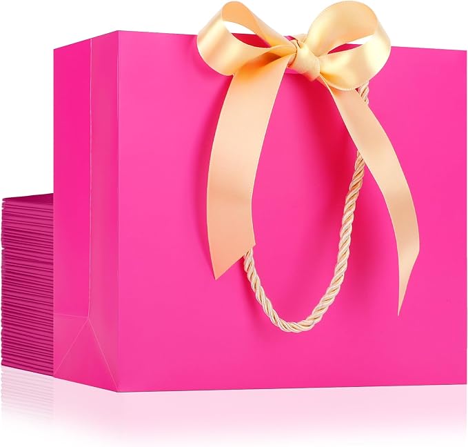EUSOAR Gift Bags with Hanles, 25pcs 10.6"x3.1"x8.3" Hot Pink Shopping Paper Bags, Party Favor Kraft Paper Bags Thank You Gift Treat Bags Bulk for for Shopping Wedding Birthday Guests Bridal by EUSOAR
