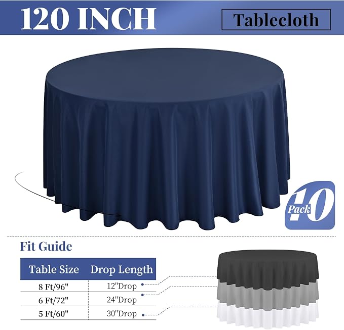 fani 10 Packs Navy Blue Round Tablecloth - 120 Inch, Polyester | Table Cloth for Round Tables, Washable Fabric, TableCovers for Wedding, Party, Banquet, Dining Tables, Camping - Image 2