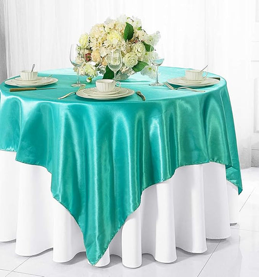 (2 PCS 54" Square Satin Table Overlays Toppers Tablecloths Table Overlay Cover Linens for Wedding Decoration Party Banquet Events - Pool Blue