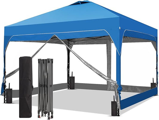 10x10 FT Pop Up Canopy with 4 Clear Sidewalls, 1-Button Push Instant Canopy Tent with Sandbags, Enclosed PVC Walls for Outdoor Activities & Events