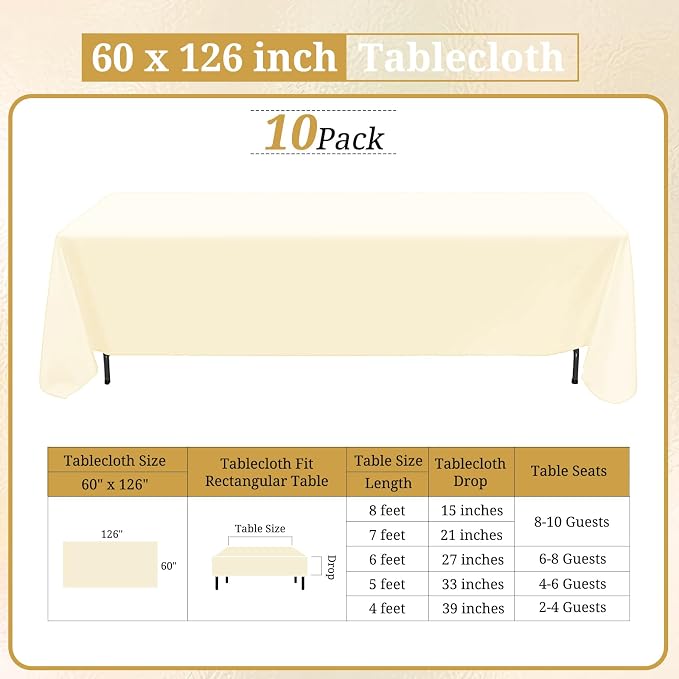 10 Pack Beige Tablecloths for 8ft Tables-60 x 126 Inch | Polyester Table Cover, Stain and Wrinkle Resistant Washable Fabric Table Cloth, Perfect for Wedding Banquet Parties - Image 2