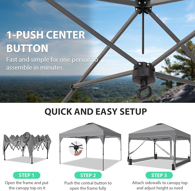 10x10 FT Pop Up Canopy with 4 Clear Sidewalls, 1-Button Push Instant Canopy Tent with Sandbags, Enclosed PVC Walls for Outdoor Activities & Events