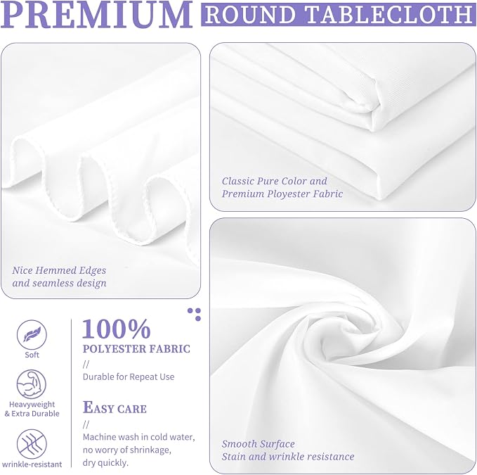 Showgeous 10 Pack White Round Tablecloth 90 Inch | Washable polyester, stain & wrinkle resistant. Easy care. Perfect for dining, wedding, party, banquet. Fits round tables - Image 4
