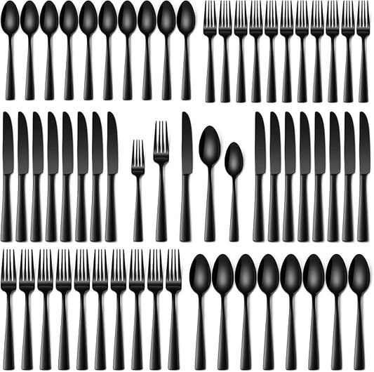 Stapava 60 Pcs Black Silverware Set, Food-Grade Stainless Steel Flatware Set for 12 Mirror Polished Cutlery Utensil Sets Include Dinner Knives Spoons and Forks Set Dishwasher Safe for Home Restaurant