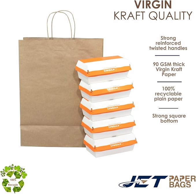 JET PAPER BAGS - 200Pack Kraft Paper Bags with Handles Bulk, 12.5x6.5x15.5 Inch Brown Paper Bags, Kraft Shopping Bags for Small Business Merchandise,Wedding Party Favor Bags (Brown, Pack of 200) - Image 5