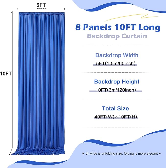 40ft×10ft Wrinkle Free Royal Blue Backdrop Curtain for Parties, 8 Panels 5×10ft Soft Sliky Polyester Blue Photo Backdrop Drapes for Boss Baby Birthday Party Wedding Photography Background - Image 5