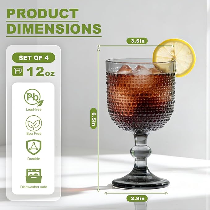 Gray Wine Glasses Set of 4, 12oz Vintage Goblet Glasses, Embossed Glass Cups Hobnail Glassware for Weddings, Dinners, and Holiday Gifting