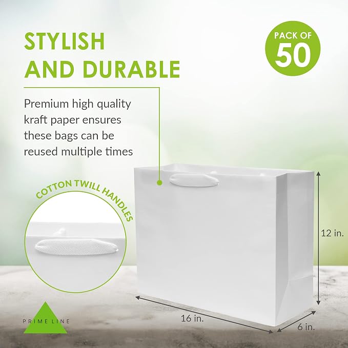 Prime Line Packaging White Gift Bags, 16x6x12 50 Pack, Retail Bags, Paper Shopping Bags with Handles Bulk - Image 4