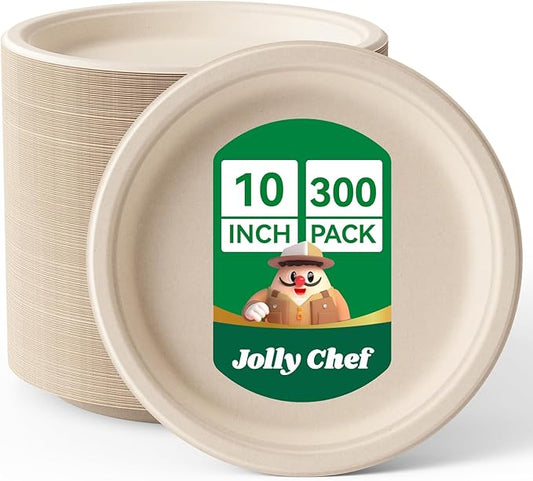 JOLLY CHEF Compostable Heavy Duty Plates   [ ] Eco-Friendly Disposable Paper Plates Made of Bagasse Biodegradable Bulk for Party Dinner Sugarcane Thanksgiving Day (Natural) by JOLLYCHEF