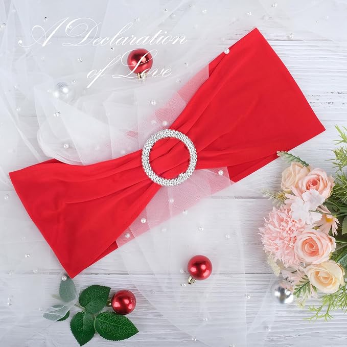 LEBENGURU Red Spandex Chair Sashes -50pcs Premium Stretch Bows with Buckle Slider, Universal Elastic Chair Bands for Wedding Party Banquet Decoration - Image 3