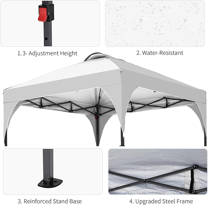 GDY 10x10 Pop Up Canopy Tent, Outdoor Gazebo with 4 Sandbags, Easy Up Canopy with 3 Adjustable Heights for Events, Parties, Camping, White.