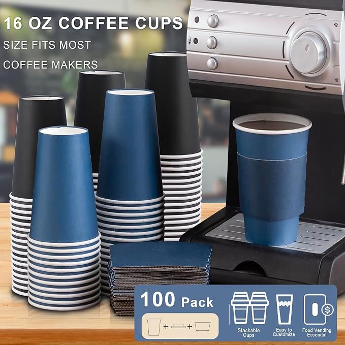 SIUQ 500 Pack 16 oz Coffee Cups with Lids, Disposable Hot Paper Coffee Cups | Black & Blue To Go Paper Cups with Lids and Sleeves for Thanksgiving, Party, Home, Shop, Office, Christmas, Travel and Events - Image 4