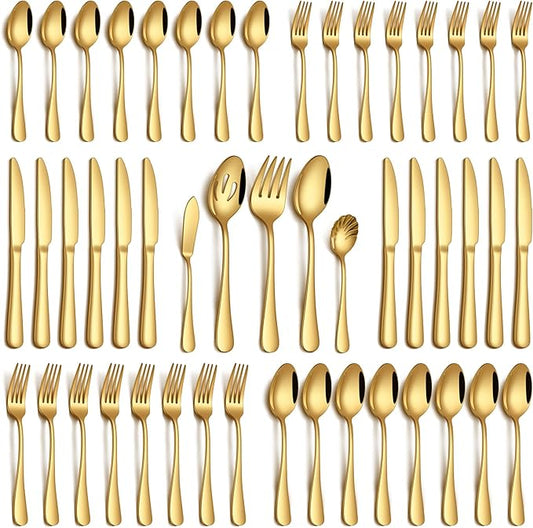 45 Piece Gold Silverware Set with Serving Utensils, Stainless Steel Flatware Set for 8 Food Grade Cutlery Utensil Set Include Knife Fork Spoon Mirror Polished Dishwasher Safe