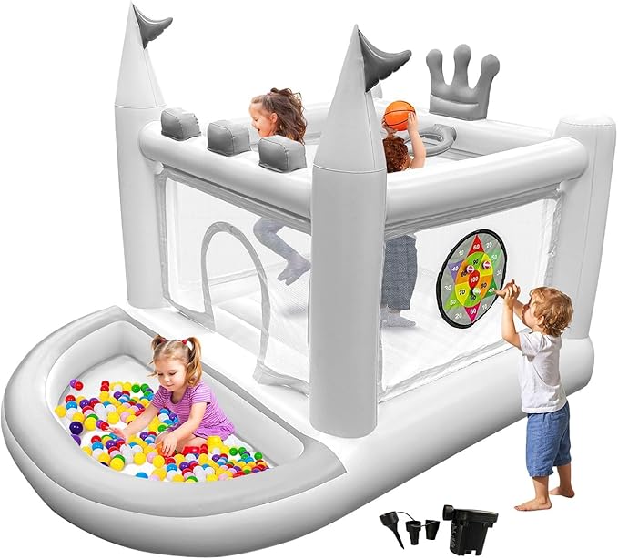 Inflatable Bounce House for Kids Ages 3-8, 5 in 1 Small Bouncy Castle Outdoor, Jumper, Ball Pit, Basketball Hoop, Rings, Target Game Pump Included, White