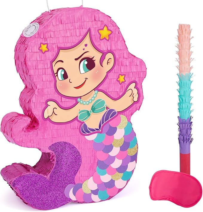 WERNNSAI Mermaid Piñata-Mermaid Party Piñata with Bat and Blindfold for Girls, Kids Birthday Party Games Anniversary Celebration Classroom Activities Mermaid Themed Party Decorations (15.7’’ x 12.2’’)