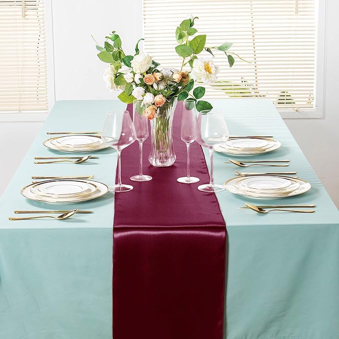 SI Pack of 30 Wedding 12 x 108 inch Satin Table Runner for Wedding, Decorations for Graduations, Engagements, Birthday Parties, Banquets, Runners fit Rectangle, Round Table - Maroon - Image 2