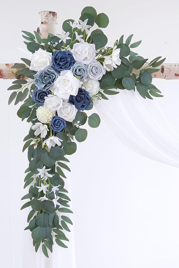 Olalaka Dusty Blue Artificial Wedding Arch Flowers Kit (Pack of 3) with 26Ft White Shiny Arch Draping Fabric for DIY Wedding Party Ceremony Reception Backdrop Floral Decoration - Image 5