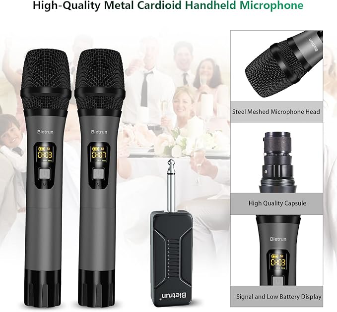 Wireless Microphone, Bietrun UHF Metal Dual Handheld Cordless Dynamic Mic System with Rechargeable Receiver, 1/4‘’Output, for Karaoke, Church, Speech, Wedding, Party Singing(160 ft Range)-Auto Connect