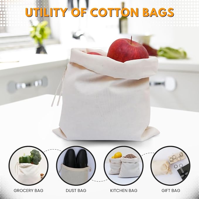 10x16 in 100 pcs Organic Cotton Muslin Bags with Drawstring – 100% Natural Cotton Bags, Washable, Biodegradable, Food Safe - Ideal for Shopping, Storage, Spices, Crafts - Image 5