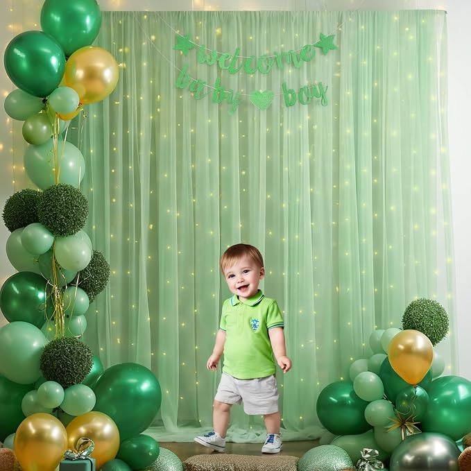 10ft x 8ft Green Backdrop Curtain with Lights String for Parties, Sheer Tulle Wedding Photo Backdrops Drapes for Baby Shower Birthday Party Decorations Background for Photography - Image 5
