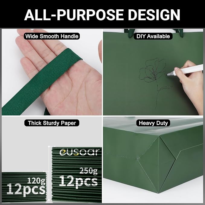 EUSOAR Paper Gift Bags with Handles, 12pcs 9.8"x5.1"x12.6" Green Kraft Gift Wrap Bags, Merchandise Business Retail Grocery Shopping Wrapping Wedding Birthday Thank You Gift Bags Party Favor - Image 3