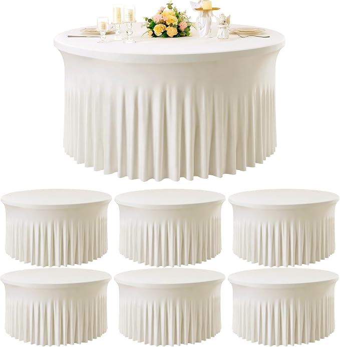 6 Pack Ivory Spandex Round Tablecloths for 60 inch Table, Wrinkle Free 120inch Stretchy Fitted 5FT Round Table Cloths Cover with Skirt for Wedding Party Dining Banquet by Htper