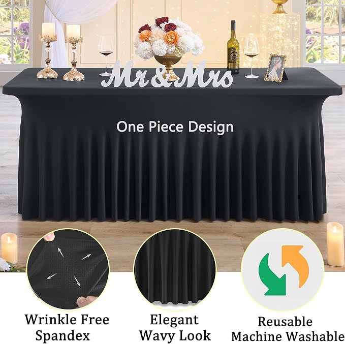 4 Pack Black Spandex Tablecloths for 6 Foot Rectangle Tables, Wrinkle Free Stretchy Table Clothes with Skirt for Weddings Birthday Party Banquet Baby Shower - Image 3