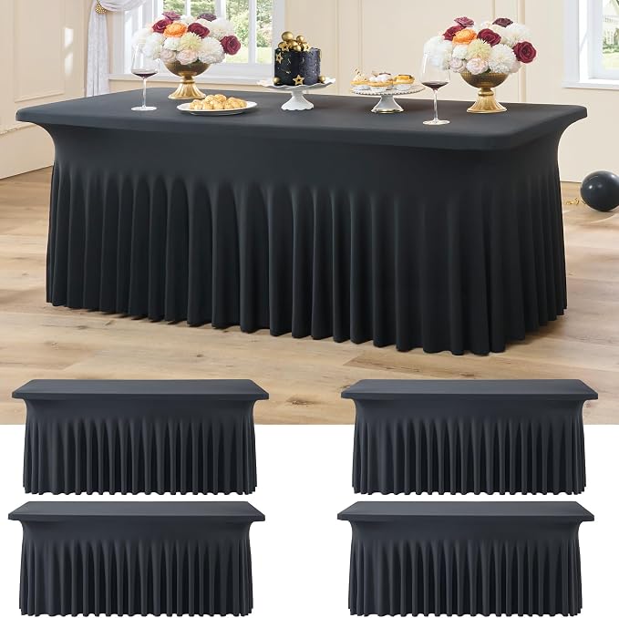 4 Pack Black Spandex Tablecloths for 6 Foot Rectangle Tables, Wrinkle Free Stretchy Table Clothes with Skirt for Weddings Birthday Party Banquet Baby Shower by Htper
