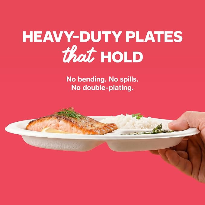 GUSTO 100% Compostable Sugarcane Paper Plates, Heavy Duty, Eco-Friendly, Biodegradable - White, 10 Inch, 3 Compartment, Case of 500 - Image 2